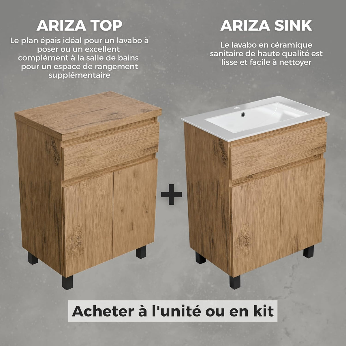 paplinskimoebel Meuble Salle de Bain 60 cm avec Vasque Ariza Sink | Meuble sous lavabo avec 1 tiroir et 2 Portes | Suspendu ou Debout | Bois Chêne