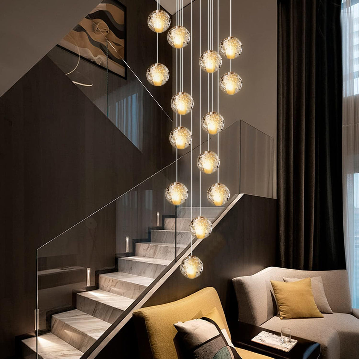 KJLARS Suspensions LED Contemporaine Pendentif Lampe Hauteur Réglable Lustres adapté pour salon table à manger escalier chambre Plafonniers lampe suspendue 14 lumières-rectangle
