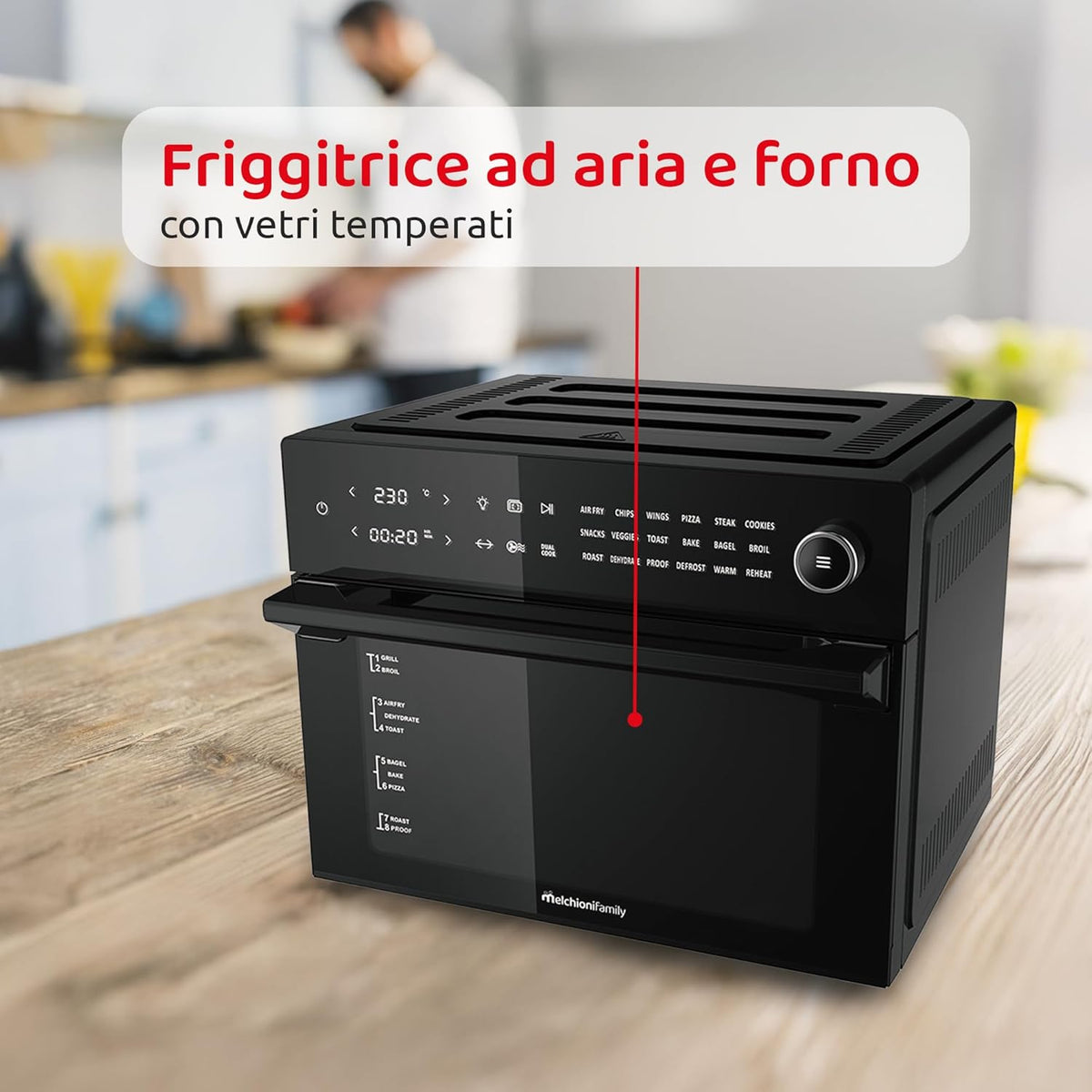Melchioni Family | Heißluftfritteuse mit 30 Liter Kapazität BENEDETTA, Digitales Display, Dual Cook Funktion, Air Fryer mit 18 Programmen, 30-230°C, Timer 12h, Schwarz, Noire