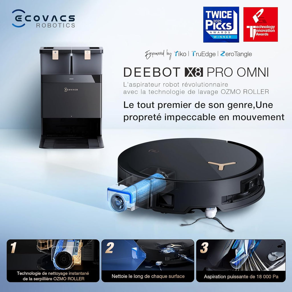ECOVACS X8 Pro Omni Robot Aspirateur Laveur avec Station Tout-en-Un, Puissance 18000Pa, Nettoyage Auto Instantané OZMO Roller, Nettoyage à l'eau Chaude, Ajout Automatique Solution de Nettoyage