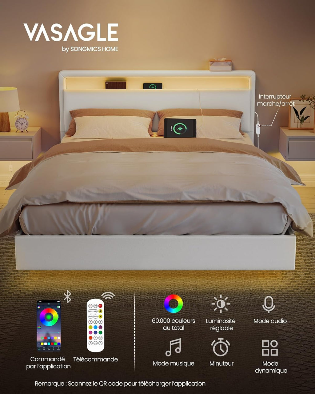 VASAGLE Lit Double 140 x 190 cm, Cadre Flottant avec Éclairage LED, Tête Haute, Multiprise, Style Moderne, Blanc Nuage RMB863W01