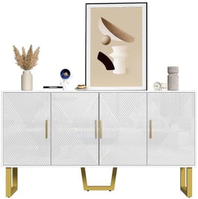 Buffet Salon Blanc Moderne avec 4 Portes Texturées, Façade Brillante, Poignées Dorées, Meuble Elégant, 150x40x82cm