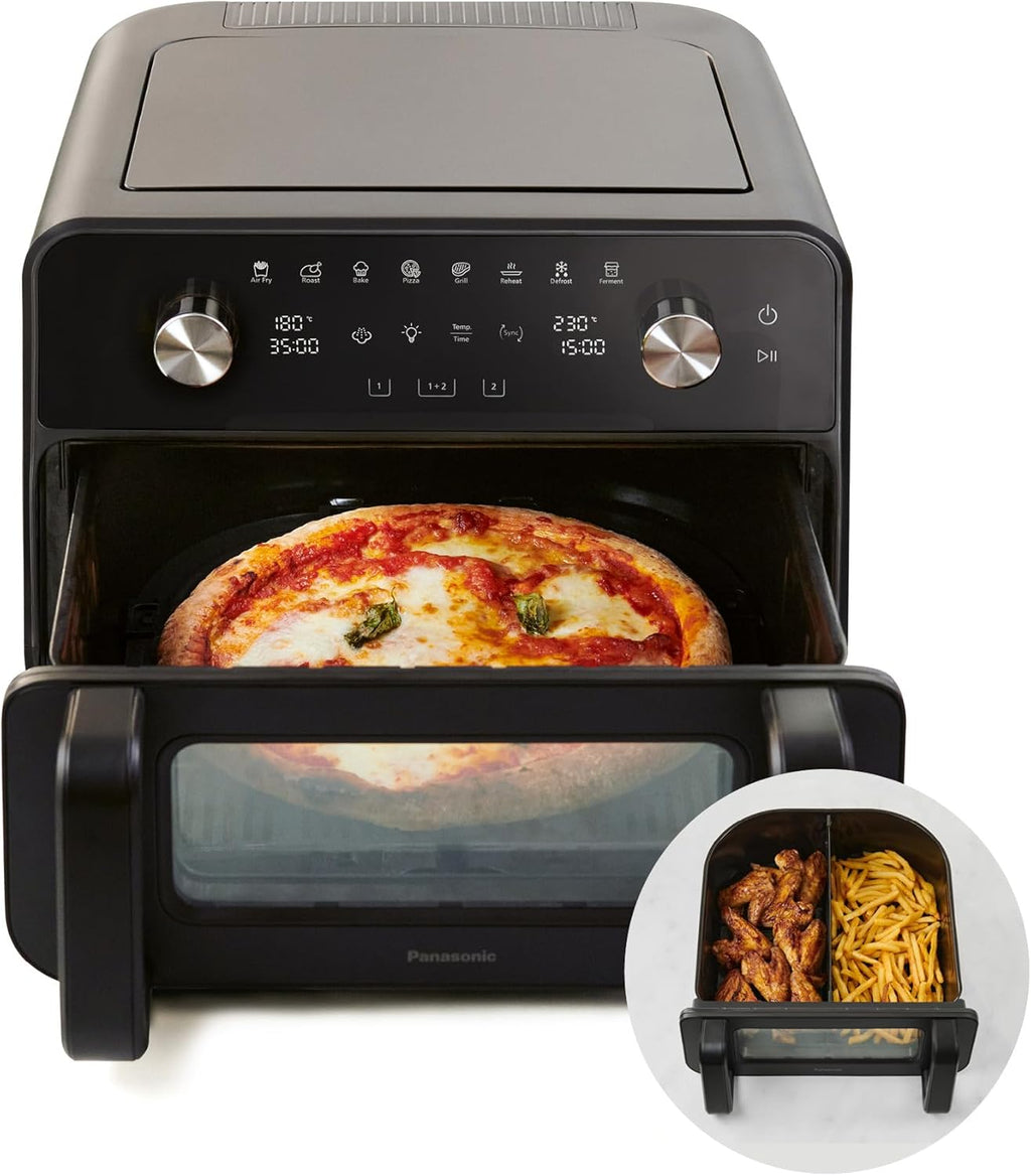 Panasonic NF-BC1000 Friteuse à Air Flexible avec Fenêtre, XL Panier Flexible, Séparateur Amovible, 9,6L, 30°-230C, Vapeur Douce, 8 Préréglages, Nettoyage Facile, Noir