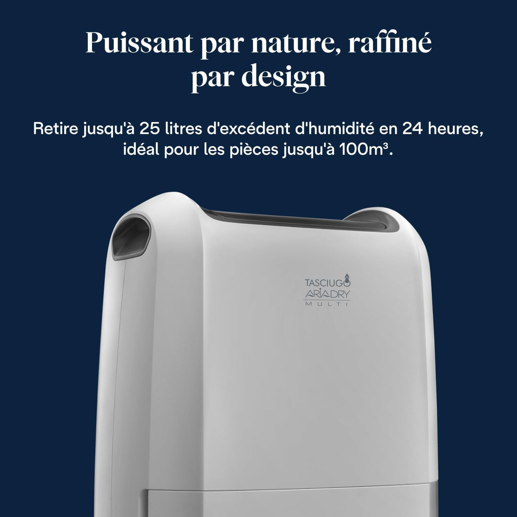 De’Longhi Tasciugo AriaDry Multi - Déshumidificateur Portable pour la Maison, Élimination de l'Humidité 25L/24h, Séchage, Anti-Moisissure, Minuteur, Silencieux, Blanc (DDSX225)