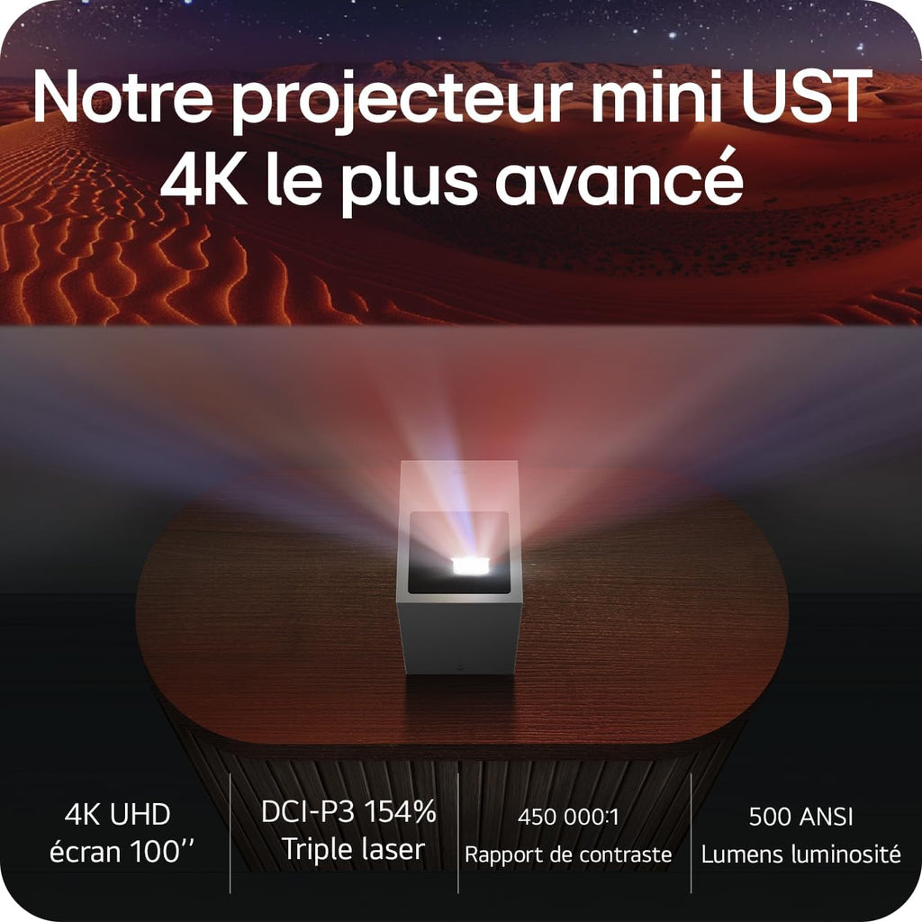 CineBeam S Vidéoprojecteur Laser PU615U Focale Ultra Courte pour Home Cinema, 500 lumens ANSI, 4K UHD 100 Pouces 2160p, Projection Entre 40" ~100", Smart webOS 24, Bluetooth 5.0, Dolby Atmos