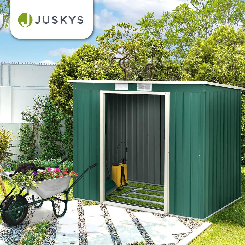 Juskys Abri de Jardin en métal de 4m³ avec Toit en Pente, Porte coulissante et Fondation - 213x130x173cm - Outils de Jardin en Acier (Vert)(M)