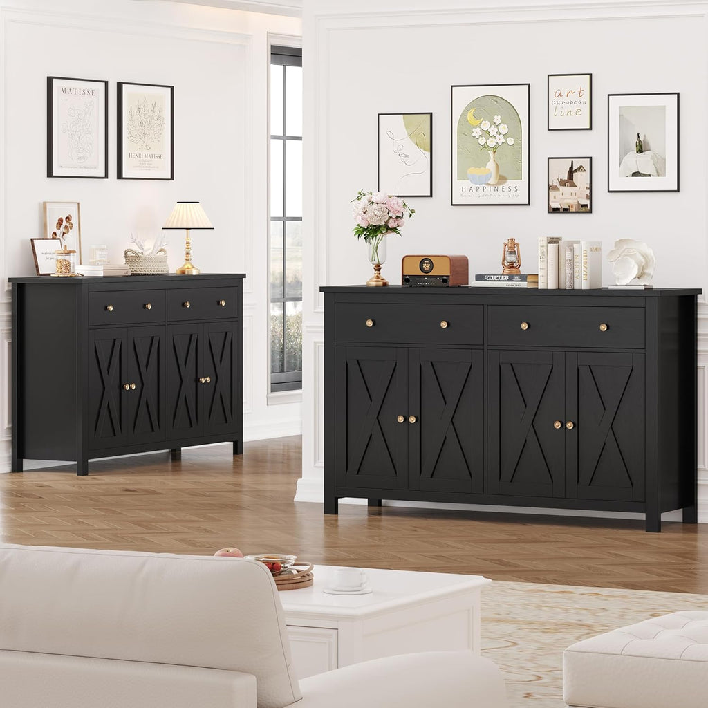 FirFurd Buffet Cuisine Meuble de Cuisine Rangement Buffet avec 4 Portes 2 Tiroirs Étagères Réglables Meuble de Rangement pour Salon Salle à Manger 140x40x89 cm Noir