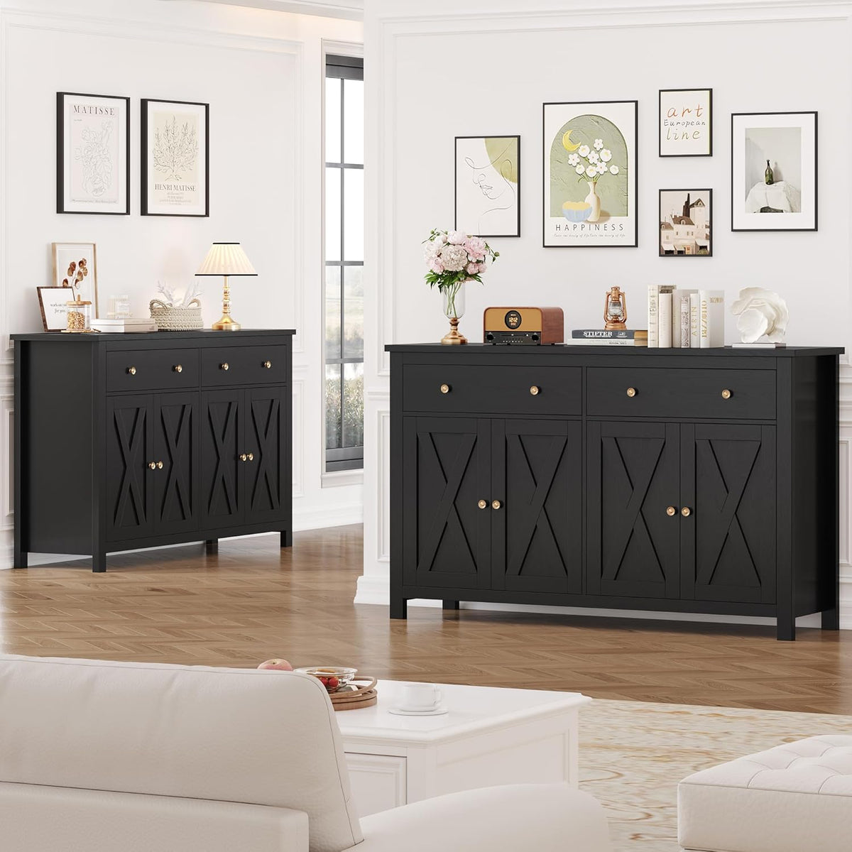 FirFurd Buffet Cuisine Meuble de Cuisine Rangement Buffet avec 4 Portes 2 Tiroirs Étagères Réglables Meuble de Rangement pour Salon Salle à Manger 140x40x89 cm Noir