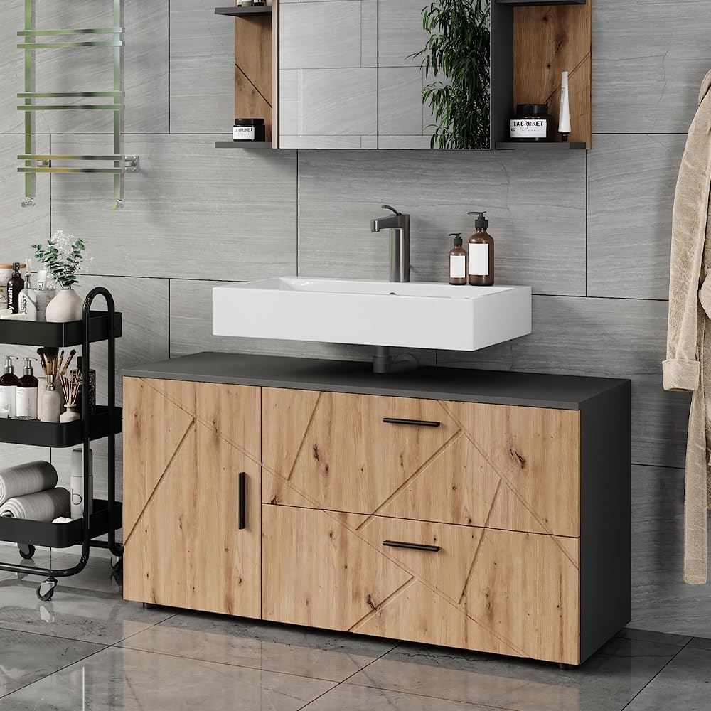 Vicco Meuble sous Vasque Irma, Anthracite/Artisan, 120.1x60.6cm avec 2 tiroirs et 1 Porte