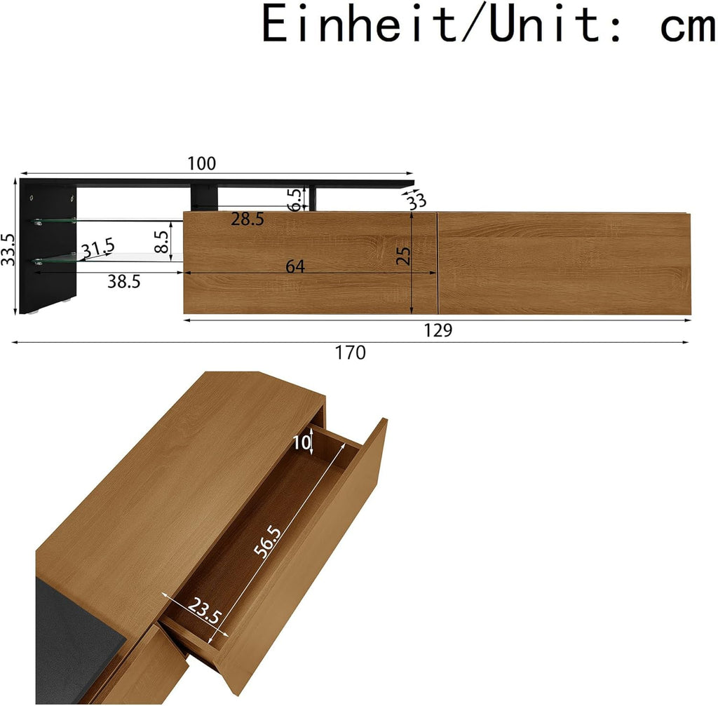 Meuble TV aspect bois naturel 170 cm avec éclairage LED 16 couleurs étagères en verre pour TV jusqu'à 75"