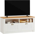 IDIMEX Meuble TV Bolton 2 tiroirs et 2 niches de Rangement, Meuble télé Design Campagne en pin Massif Blanc et Brun, dim 110x50x40 cm