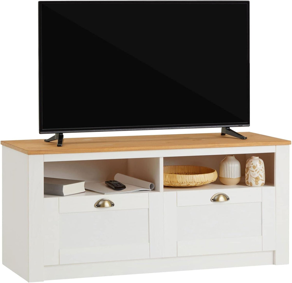 IDIMEX Meuble TV Bolton 2 tiroirs et 2 niches de Rangement, Meuble télé Design Campagne en pin Massif Blanc et Brun, dim 110x50x40 cm