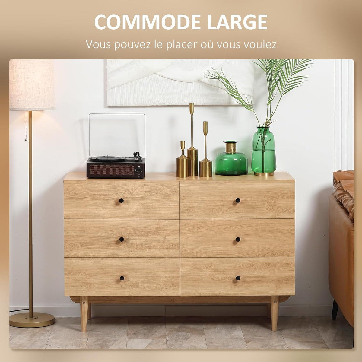 HOMCOM Commode 6 tiroirs, Meuble de Rangement avec Pieds en Bois Massif, Finition Bois veiné, 120 x 40 x 80 cm, Marron Clair