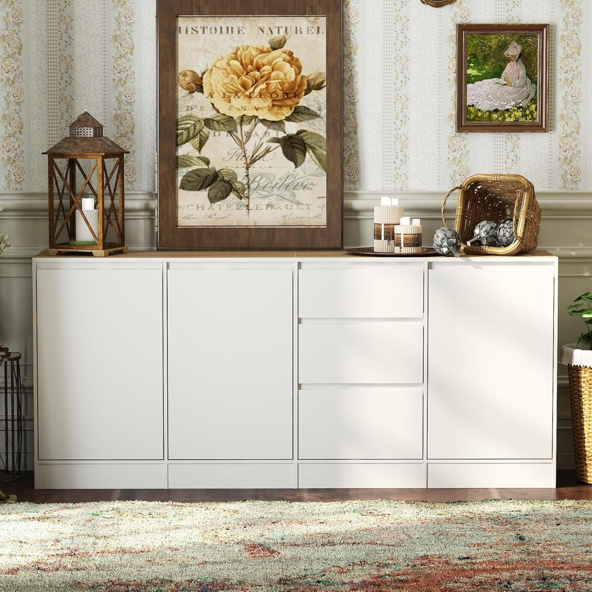 DEZAGCE Meuble de rangement à 3 portes et 3 tiroirs, buffet, buffet avec étagères, commode, armoire de stockage multifonctionnelle, pour salon, cuisine, couloir, 80 x 180 x 35 cm, MDF, blanc
