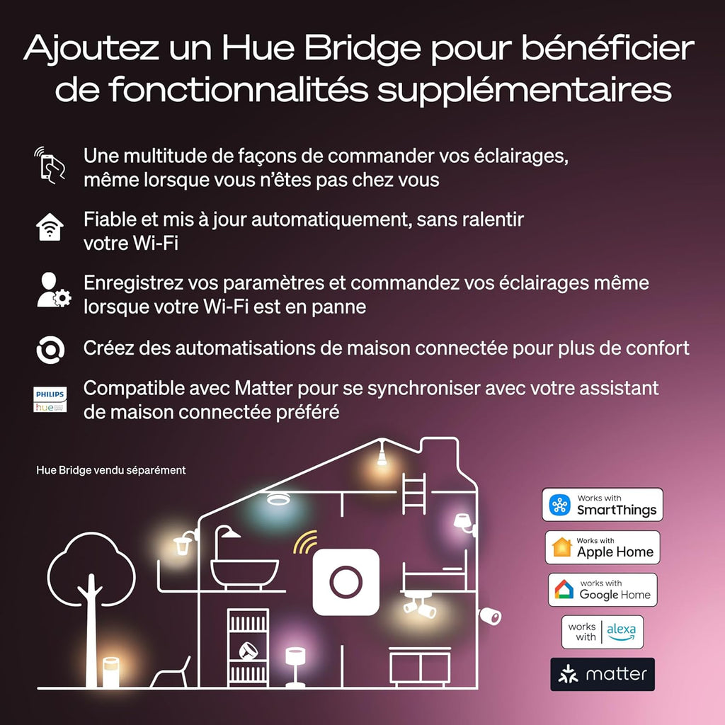 Hue Ampoule LED connectée A60, White and color, Culot E27, 6 W, Spectre complet 1000-2000 K, 810 lumens, Intensité variable, Compatible avec Alexa, Google Assistant et Home, pack de 4