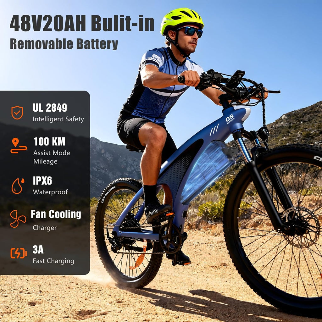 HX Q5 Vélo Électrique pour Adultes, E Bike 27,5 * 2,25'' Tout-Terrain, Jusqu'à 110km, 48V 20Ah Batterie Amovible, Shimano 7 Vitesses, VTT Électrique Homme Femme Fourche Suspendue, Freins Hydrauliques