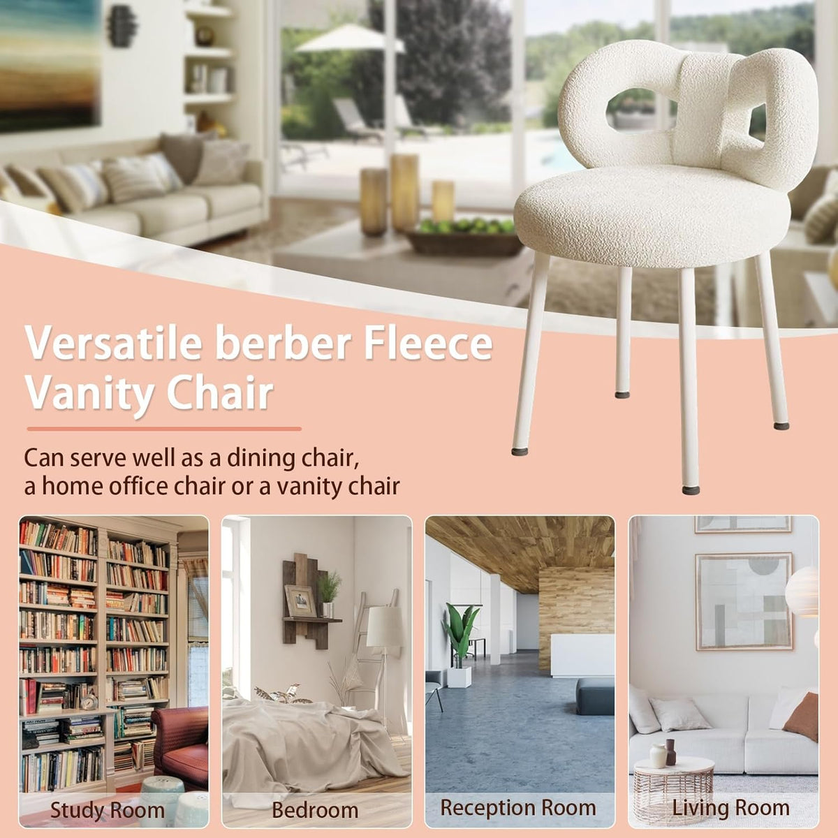 Tabouret de coiffeuse avec dossier réglable et nœud papillon - Chaise de maquillage sans accoudoirs pour chambre de fille - Élégant siège de coiffeuse avec coussinets de pieds - Blanc