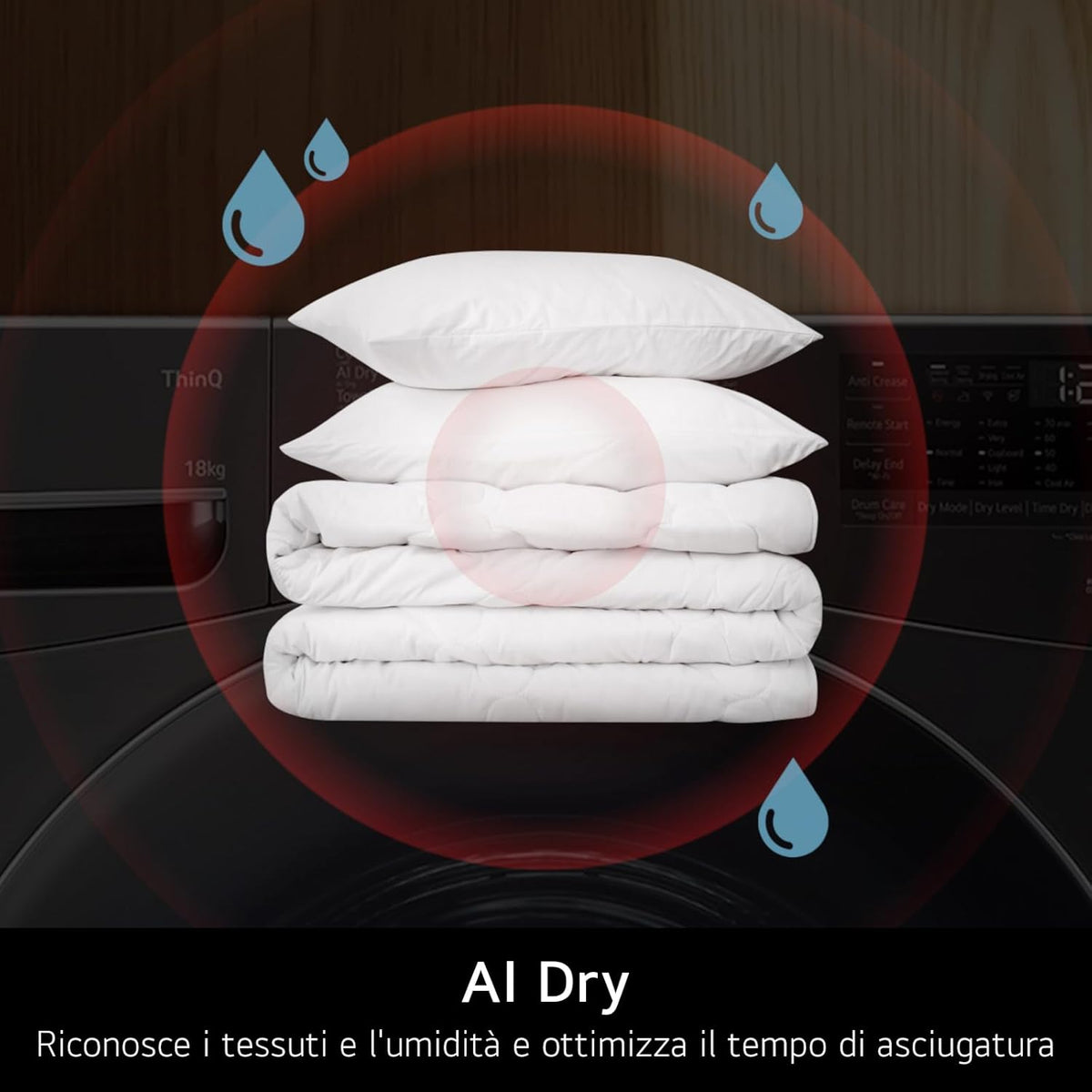 RH18U8AVCW Séchoir intelligent 18 kg, classe A+++, pompe à chaleur double onduleur, moteur direct lecteur, intelligence artificielle AI Dry, condensateur autonettoyant, Wi-Fi, série U8, blanc