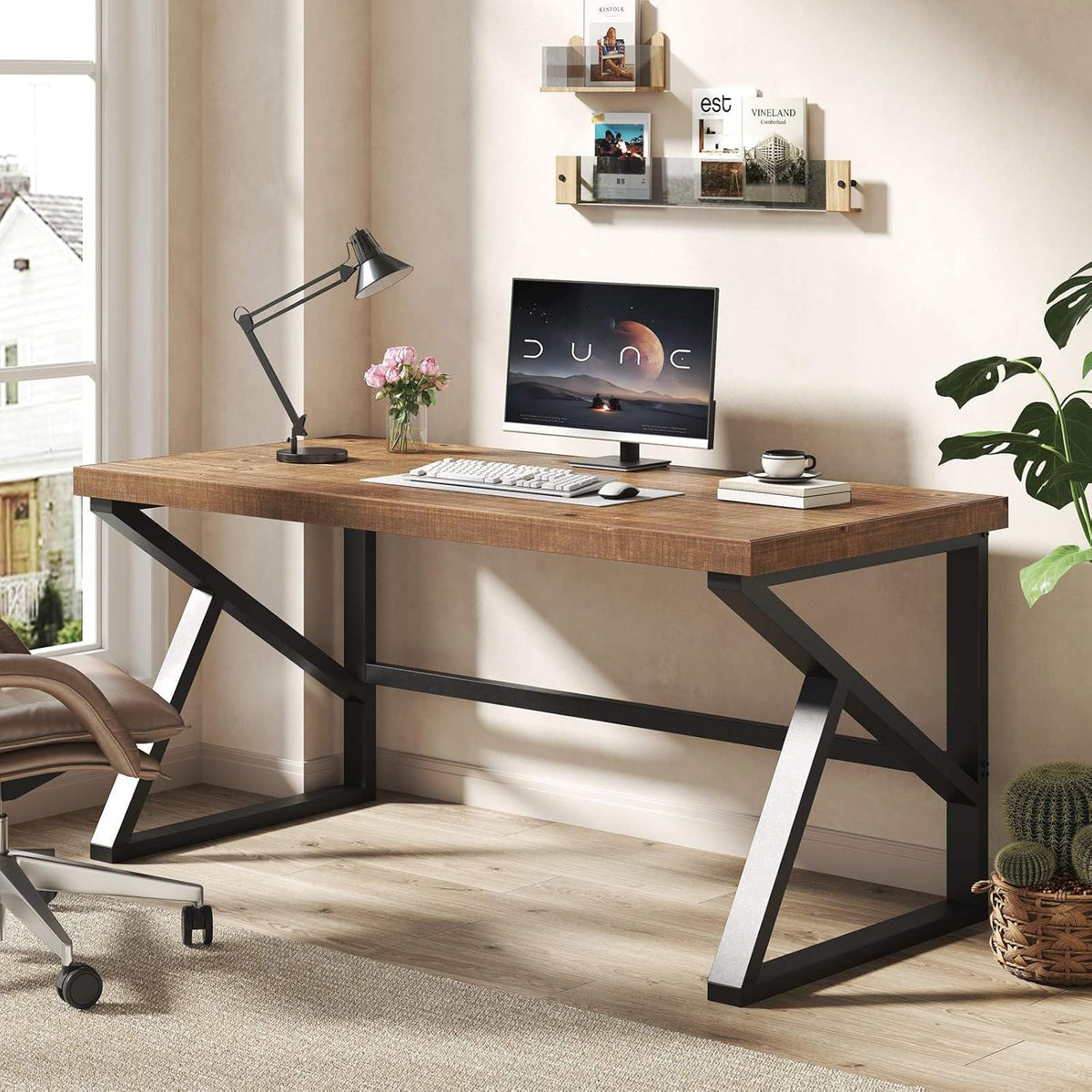 IBF Bureau d'Ordinateur Minimaliste en Bois Véritable Naturel Bureaux Rustique pour Bureau Table de Travail en Bois Industriel Vintage Marron 152 cm