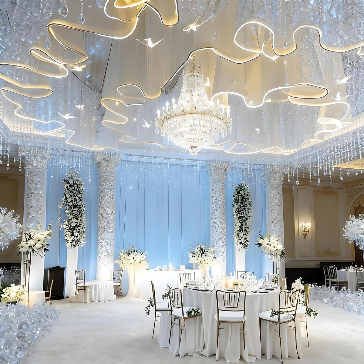 BANGBANGJI Guirlande Lumineuse décorative pour Rideaux de Mariage, Bande Lumineuse décorative pour Plafond de Mariage, Facile à Installer 100mx0.6m-WhiteVeil+WarmLight