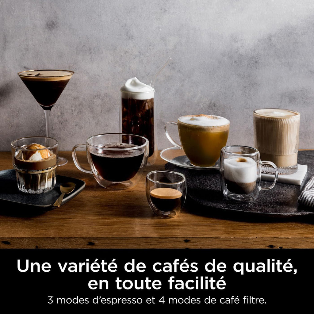 Ninja Machine à café Luxe Premier 3-en-1, Latte, Cappuccino, Infusion à froid et Espresso avec broyeur à grains et mousseur à lait intégrés, facile à utiliser, 4 préréglages mousse, argent, ES601EU