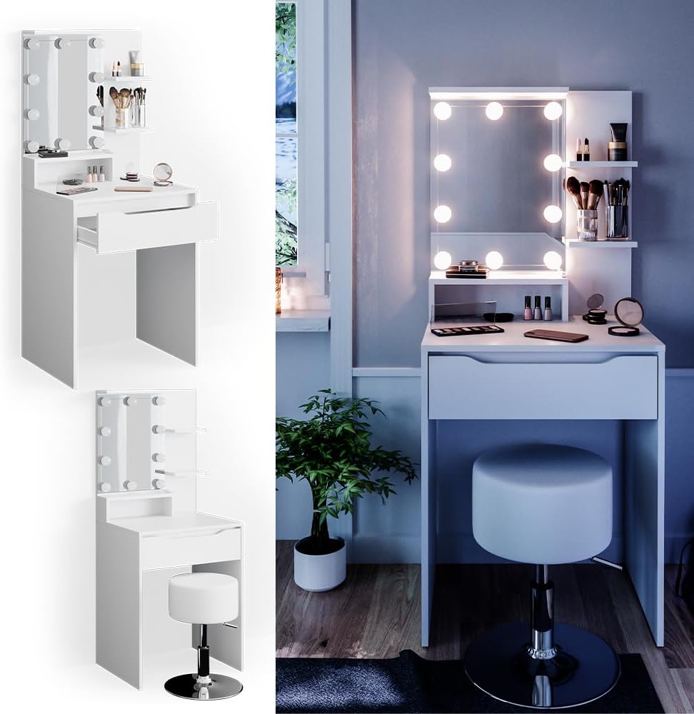 Vicco Coiffeuse Ruben, Blanc, 60 cm avec éclairage LED et Tabouret
