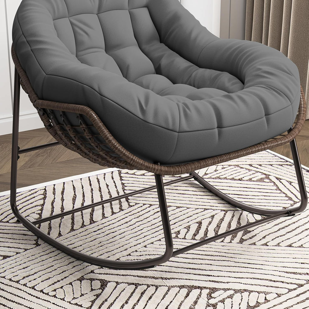 BestAlice Chaise à Bascule d'extérieur avec Coussins, Fauteuil a Bascule Exterieur Interieur en rotin, Fauteuil de Jardin Exterieur avec Coussins en Tissu rembourré pour Porche, Jardin