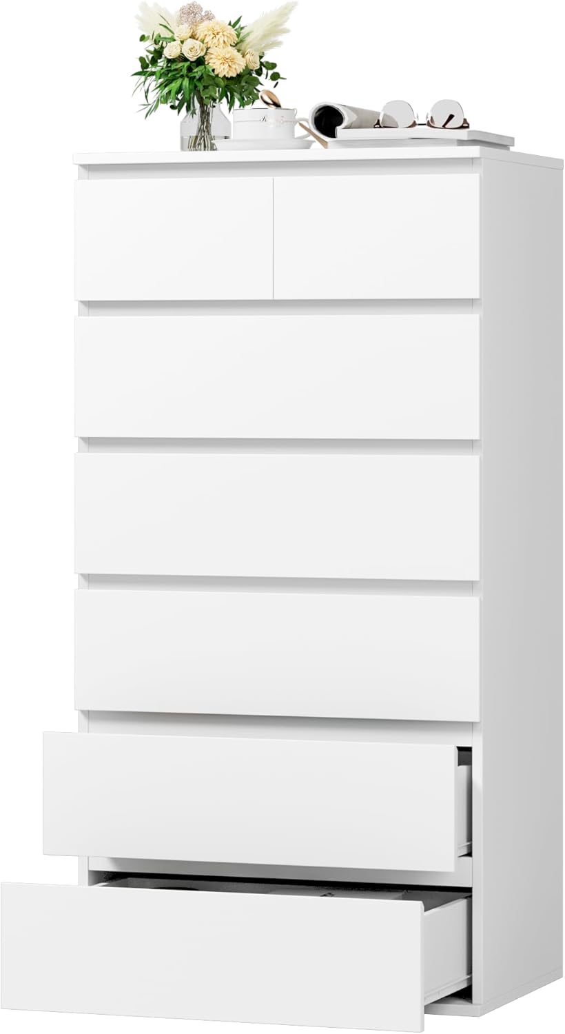 FOREHILL Commode 7 Tiroirs Commode Chambre Adulte Chiffonnier Haut Commodes Rangement Blanche Armoire à Tiroirs pour Salon Couloir en Bois 60x40x119cm
