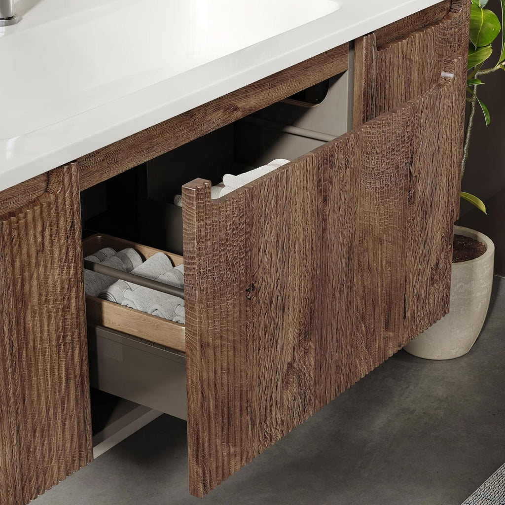 BRIDGE BENO Meuble-Lavabo Mural De 120 cm avec Lavabo en Résine Minérale, Tiroir Et Porte, Ultra-Mince, Fermeture en Douceur, Accent Nervuré, Adapté Aux Grandes Salles De Bains, Forest Walnut