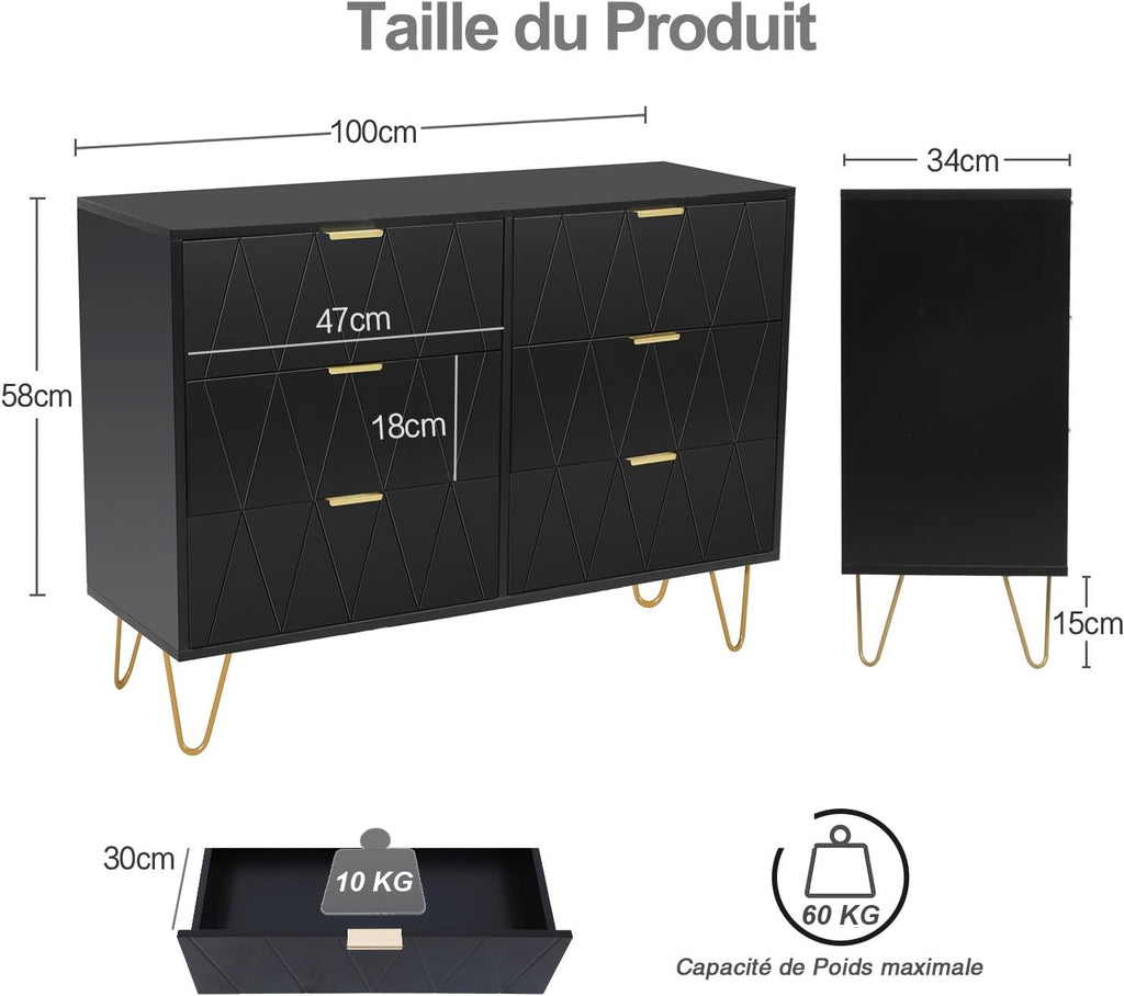 UEV Commode, Armoire avec 6 Tiroirs, Meuble de Rangement Chambre Enfant/Adulte, 100 x 34 x 73cm, Buffet Salon, Style Scandinave Elégant, Couleur Noir