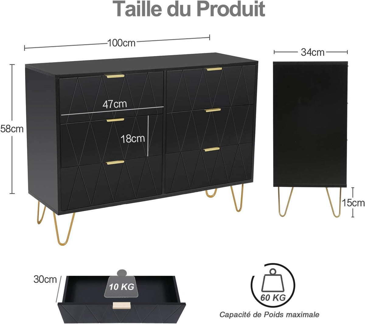 UEV Commode, Armoire avec 6 Tiroirs, Meuble de Rangement Chambre Enfant/Adulte, 100 x 34 x 73cm, Buffet Salon, Style Scandinave Elégant, Couleur Noir