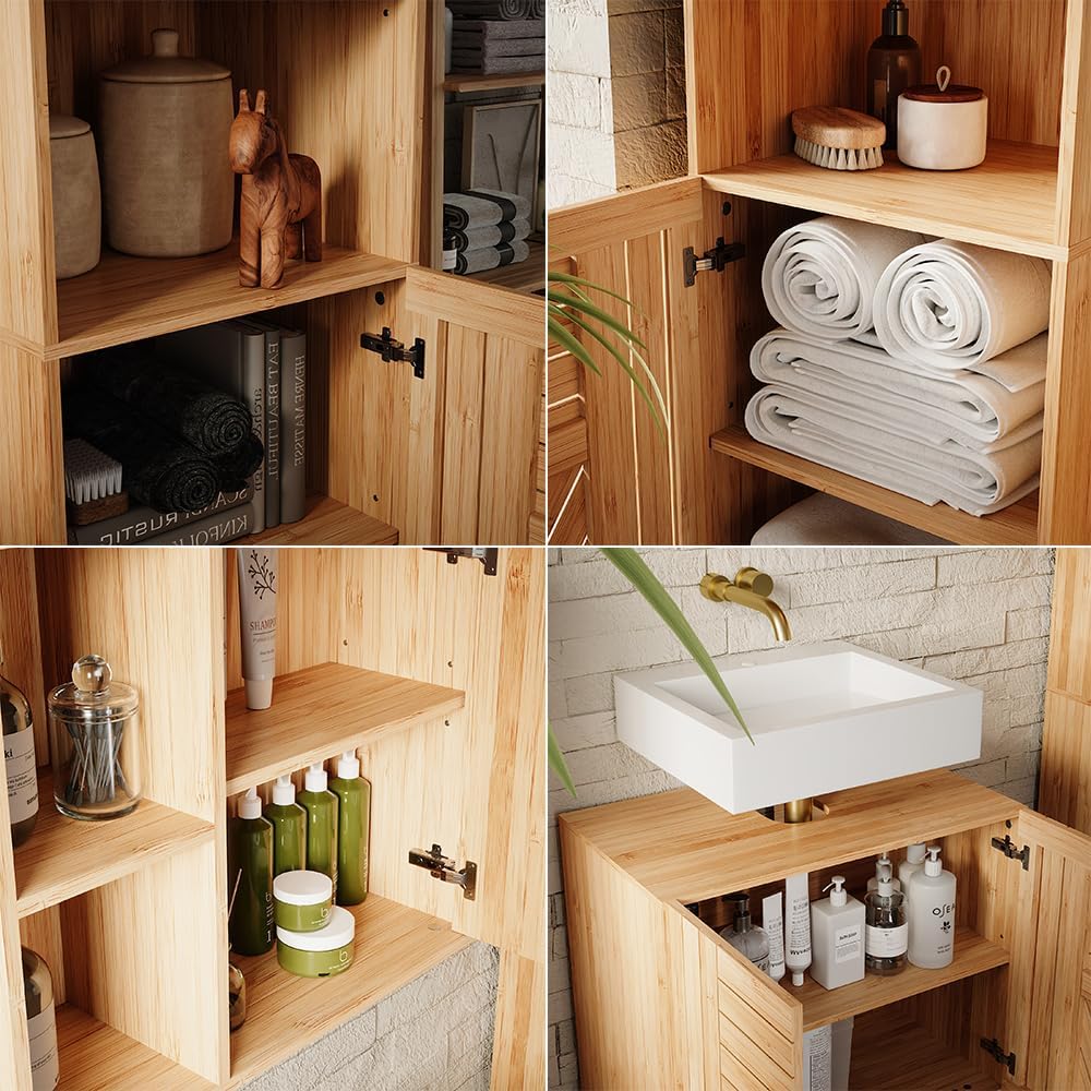 Vicco Ensemble de Meubles de Salle de Bains Lucie, Bambou, 4 pièces, avec Armoire de Milieu et Armoire Haute