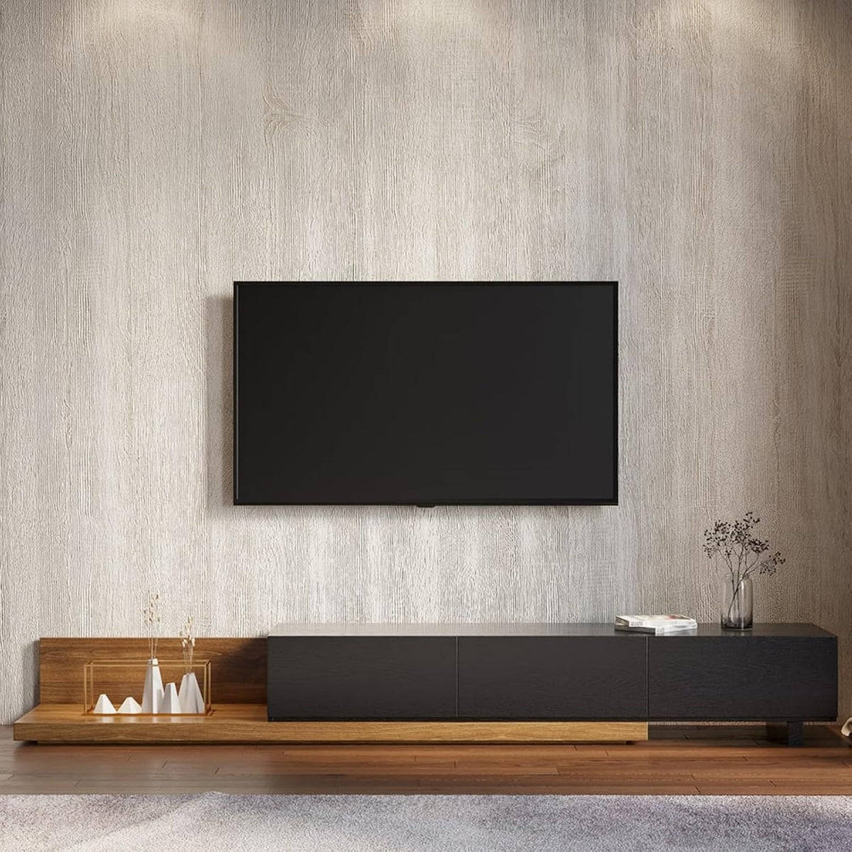Homary Meuble TV Extensible 3 Tiroirs, Centre de Divertissement pour TV Jusqu'à 120 (Noyer et Gris, 200 cm L × 40 cm P × 35 cm H) (Noir et Noyer)