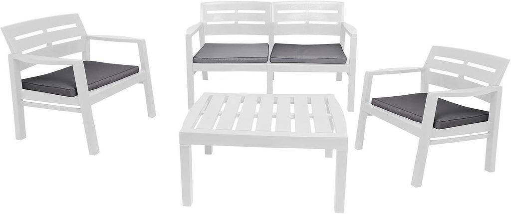 Dmora - Ensemble de Salon d'extérieur Massa, Composition de Jardin avec 2 fauteuils, 1 canapé et 1 Table Basse, Salon intérieur et extérieur avec Coussins, 100% Made in Italy, Blanc