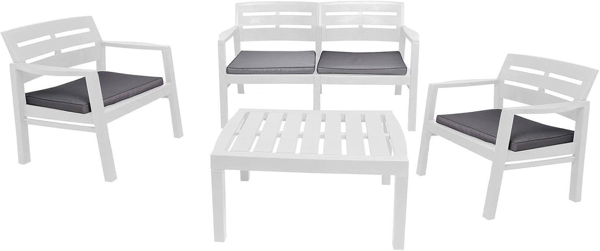 Dmora - Ensemble de Salon d'extérieur Massa, Composition de Jardin avec 2 fauteuils, 1 canapé et 1 Table Basse, Salon intérieur et extérieur avec Coussins, 100% Made in Italy, Blanc