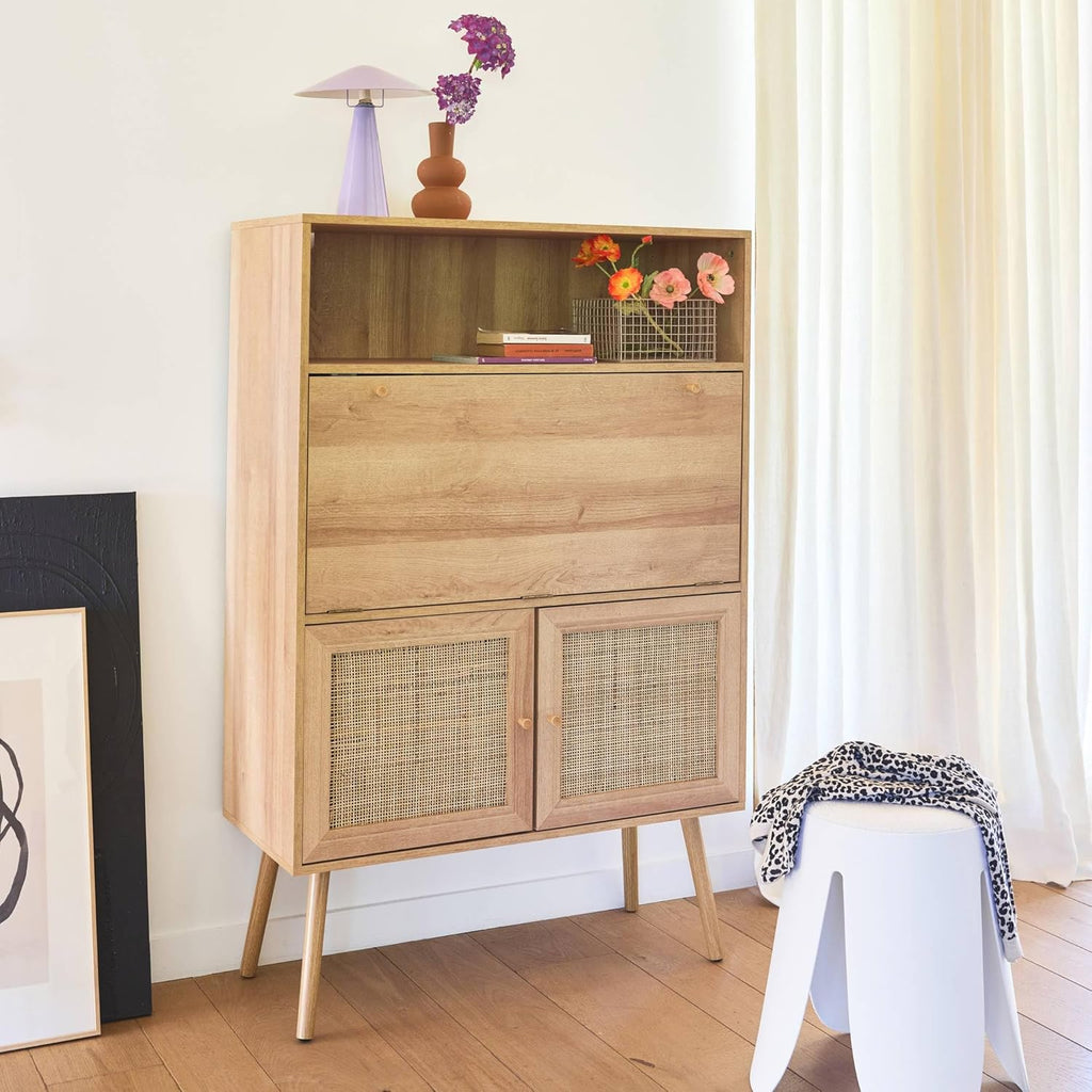 sweeek - Bureau secrétaire. 2 Portes en cannage. étagères. décor Bois. Pieds en Bois de Sapin