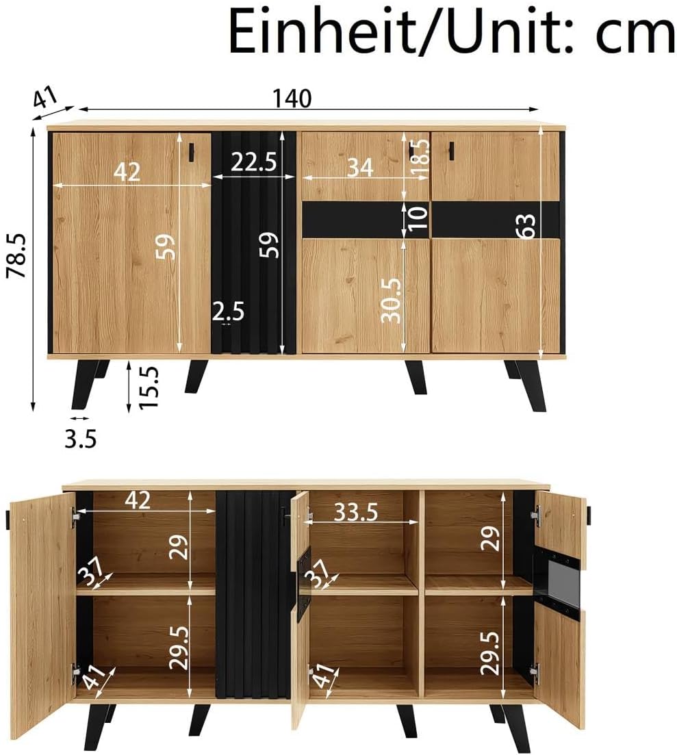 Sweiko Buffet, commode pour salon avec éclairage LED et verre, placard de cuisine avec 3 portes, en bois et noir, buffet pour salle à manger, entrée et couloir (Noir et Naturel)