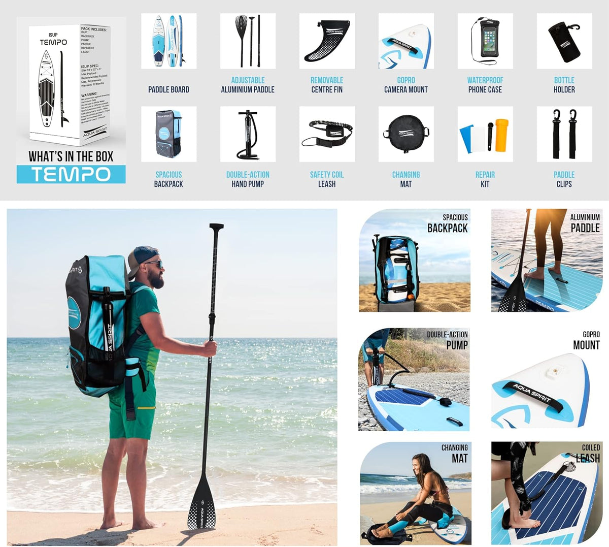 AQUA SPIRIT Tempo Sup Stand up Gonflable Surf Planche de Paddle pour Adulte Unisexe Débutant intermédiaire 320x81x15cm Charge Max 120KG avec Pagaie Réglable, Matelas à Langer Garantie De 2 Ans