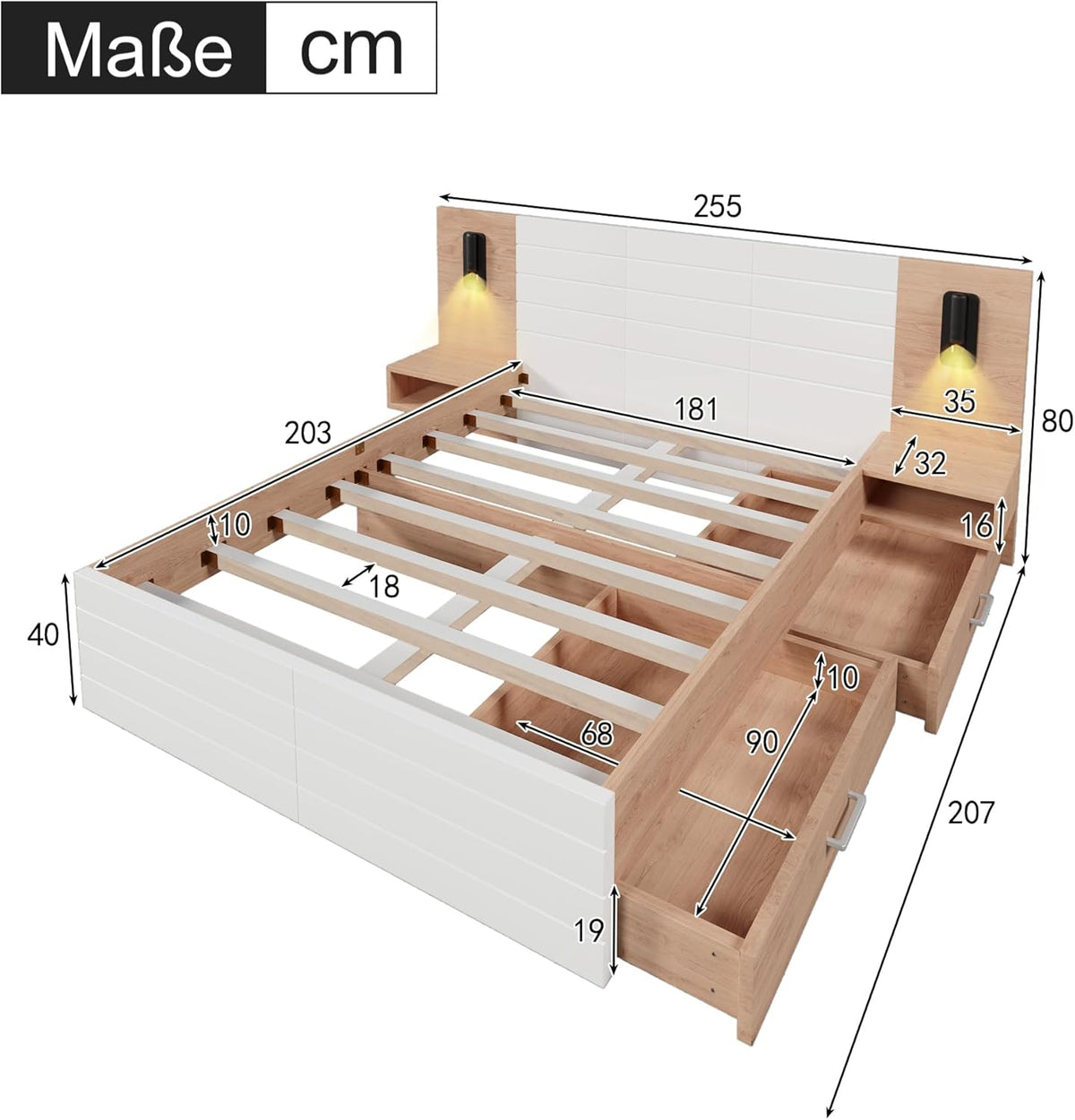 Lit double en bois - 180 x 200 cm - Avec 2 tiroirs - Lampe de tête de lit - Lampe de lecture avec fonction de charge USB - Lit moderne avec 2 commodes de chevet - Cadre de lit et sommier à lattes -