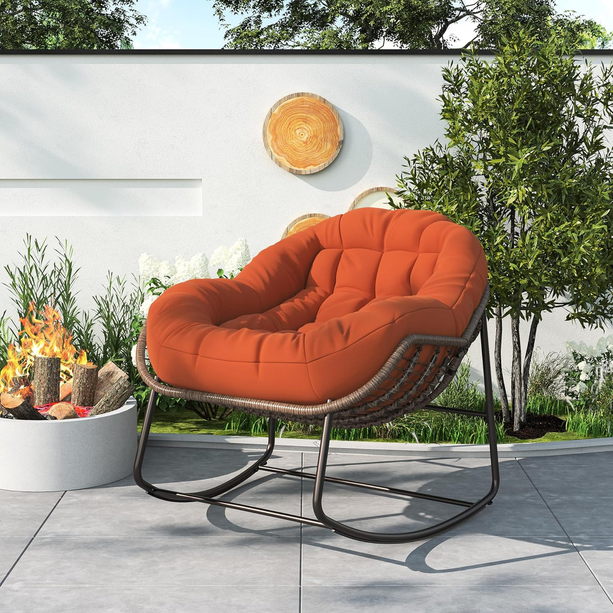 belupai Fauteuil à bascule en forme d'œuf en osier avec rembourré, cadre en métal, pour extérieur et intérieur, jusqu'à 113 kg orange