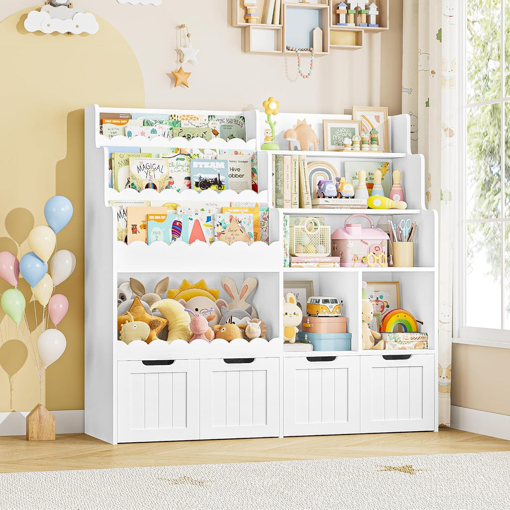 FOREHILL Meuble Rangement Enfant Bibliothèque Enfant avec 4 Boîtes Amovibles 9 Étagères Rangement Jouet pour Chambre d’Enfants Salle de Jeu 125x40x120 cm Blanc