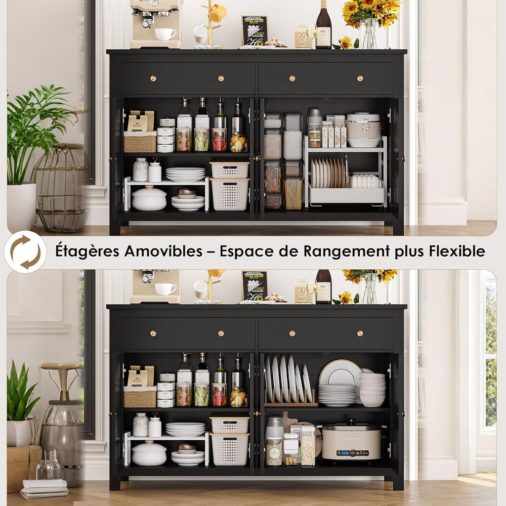 FirFurd Buffet Cuisine Meuble de Cuisine Rangement Buffet avec 4 Portes 2 Tiroirs Étagères Réglables Meuble de Rangement pour Salon Salle à Manger 140x40x89 cm Noir
