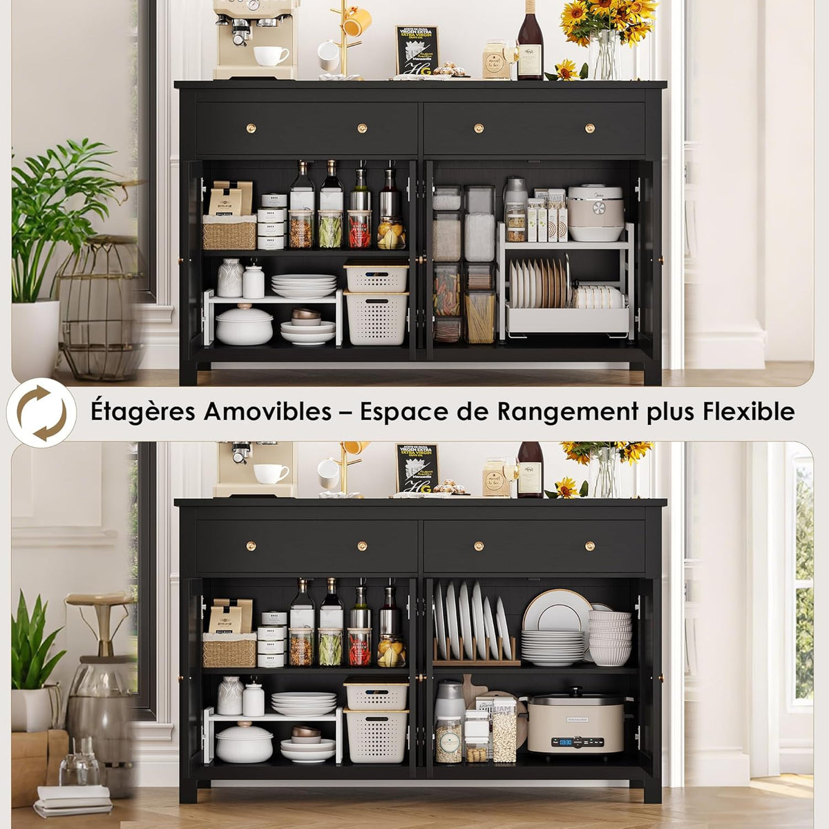 FirFurd Buffet Cuisine Meuble de Cuisine Rangement Buffet avec 4 Portes 2 Tiroirs Étagères Réglables Meuble de Rangement pour Salon Salle à Manger 140x40x89 cm Noir