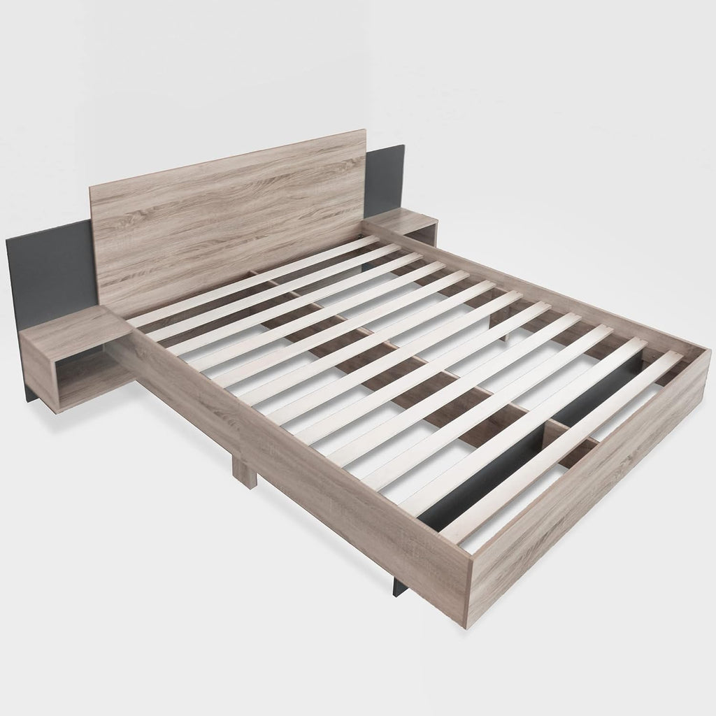 Lit moderne en bois 160 x 200 cm – Avec 2 tables de chevet et design en bois naturel – Ensemble de chambre à coucher en chêne Sonoma (gris foncé)
