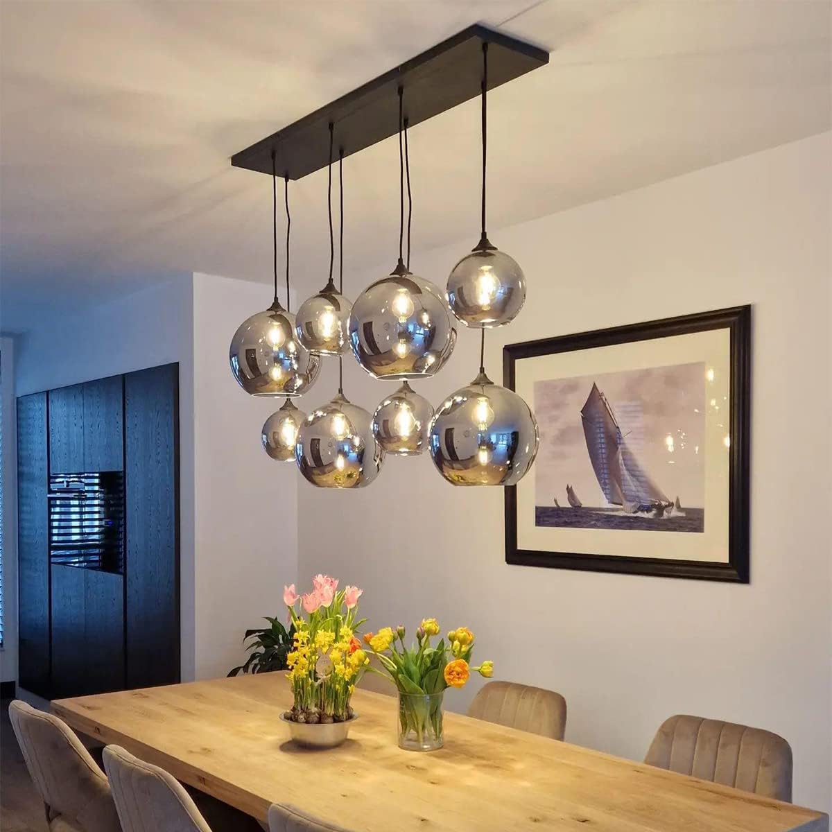 QAZQA sandra - Grande suspension Art Deco - 8 lumière - L 1400 mm - Noir - Art Deco - Éclairage intérieur - Salon I Chambre I Cuisine I Salle à manger