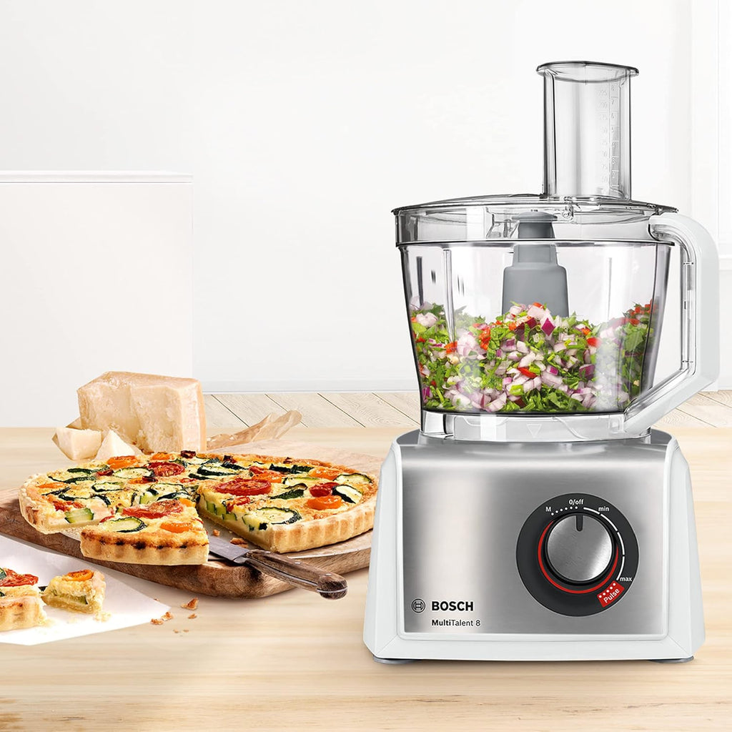 Robot de cuisine compact Bosch MultiTalent 8 MC812S814, 45 fonctions, bol mélangeur XXL 3,9 L, blender 1,5 L, couteau universel, fouet, coupe et râpe fin, grossier , 1250 W, blanc/acier inoxydable