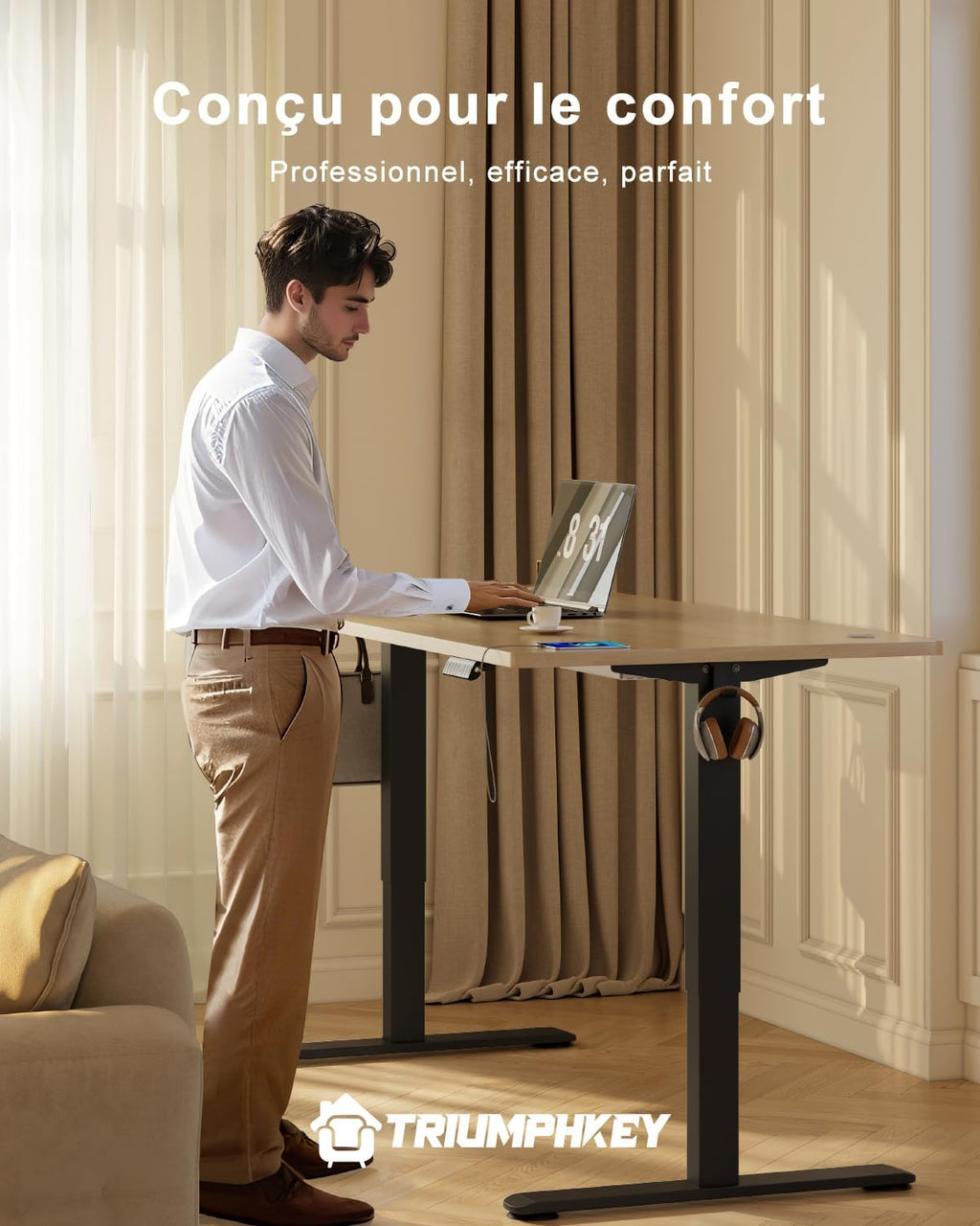 TRIUMPHKEY Bureau électrique 160 x 80 cm, réglable en hauteur, prise USB, 3 contrôles mémoire, table d'ordinateur, pour bureau, position debout