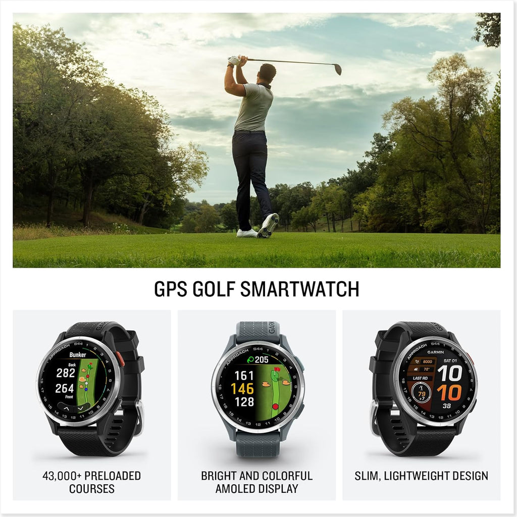 Approach S44 EssentialGPS Smartwatch Écran AMOLED Fonctionnalités sur Le Terrain Lunette en Aluminium argenté avec Bracelet en Silicone Noir
