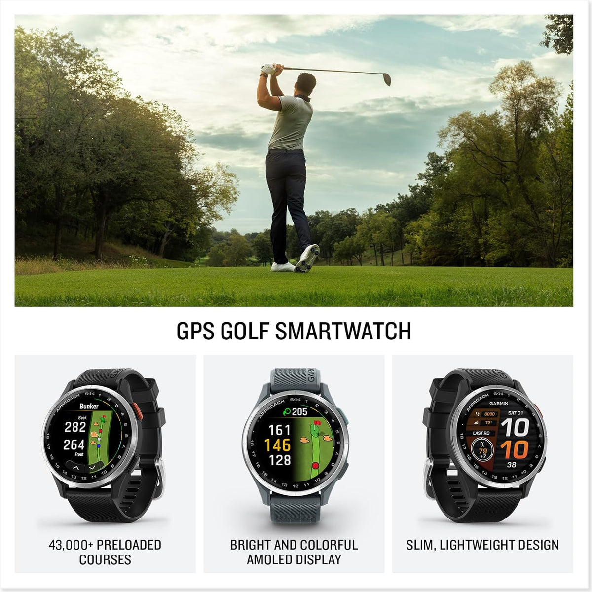 Approach S44 EssentialGPS Smartwatch Écran AMOLED Fonctionnalités sur Le Terrain Lunette en Aluminium argenté avec Bracelet en Silicone Noir