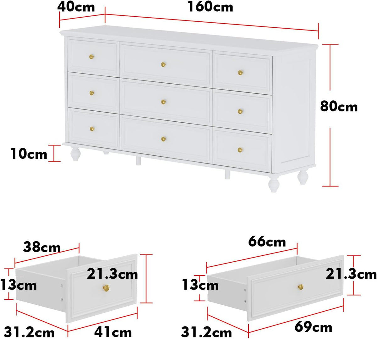 PREMTURE Commode blanche avec 9 tiroirs, commode pour salon, MDF, 160 x 40 x 80 cm, panneau MDF épais JRDE0005-3900